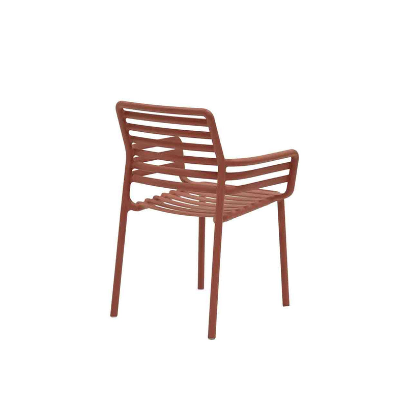 Red Resin Nardi Doga Outdoor Dining Chair (with arms) displayed on a plain white background, viewed from a back angle.