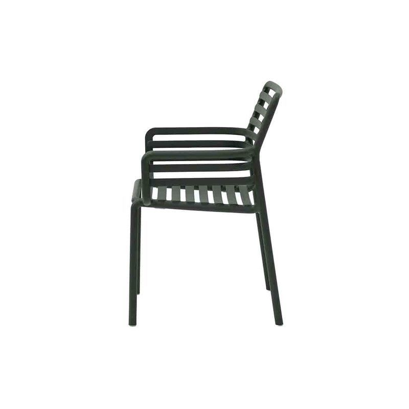 Black Resin Nardi Doga Outdoor Dining Chair (with arms) displayed on a plain white background, viewed from the side.