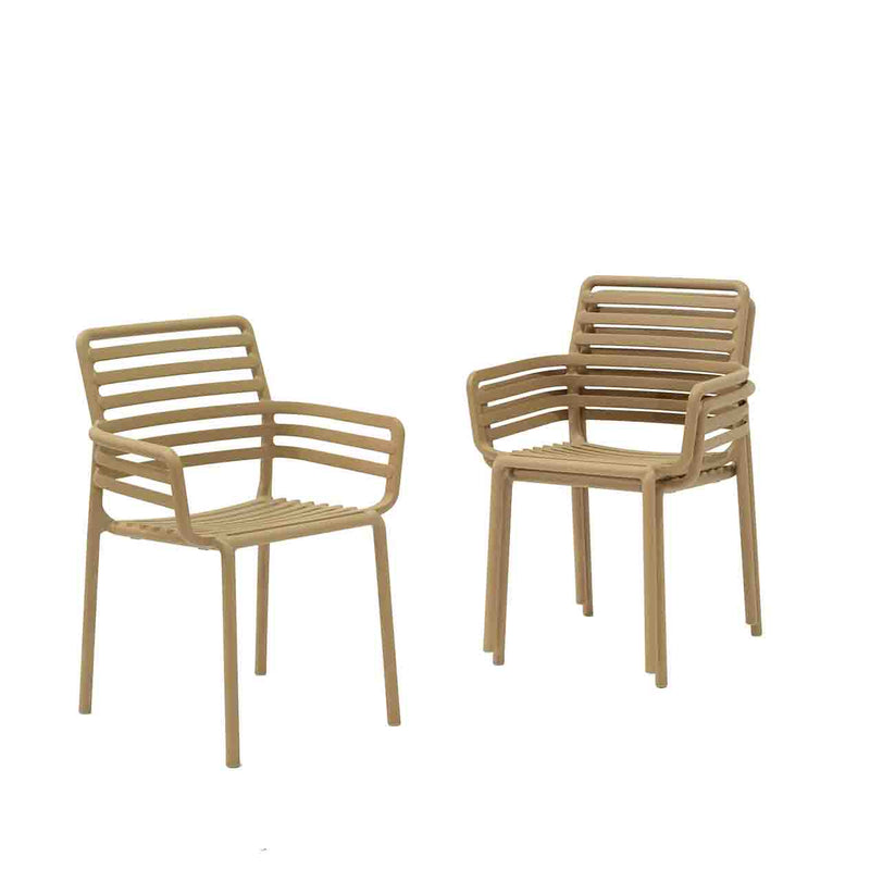 Three Light Brown Resin Nardi Doga Outdoor Dining Chairs (with arms) displayed against a plain white background. Two are stacked on top of each other, while the other is by itself.