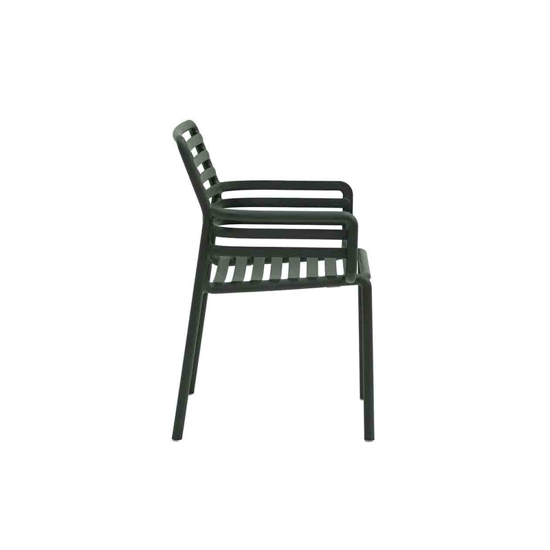 Black Resin Nardi Doga Outdoor Dining Chair (with arms) displayed on a plain white background, viewed from the side.