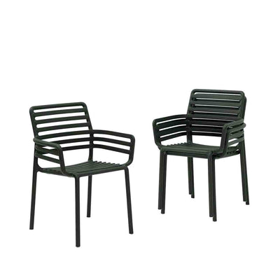 Three Black Resin Nardi Doga Outdoor Dining Chairs (with arms) displayed against a plain white background. Two are stacked on top of each other, while the other is by itself.