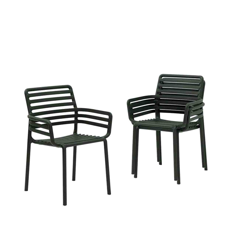 Three Black Resin Nardi Doga Outdoor Dining Chairs (with arms) displayed against a plain white background. Two are stacked on top of each other, while the other is by itself.