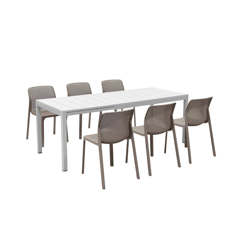 A contemporary outdoor dining arrangement featuring a rectangular white table accompanied by six stylish chairs in a taupe colour, suitable for casual outdoor meals or entertaining guests