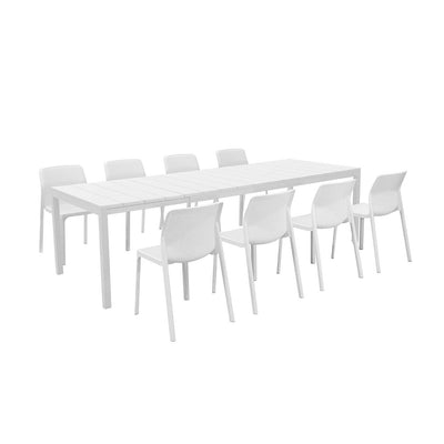 A modern outdoor dining set consisting of a rectangular white table surrounded by eight matching white chairs, ideal for patio or garden gatherings