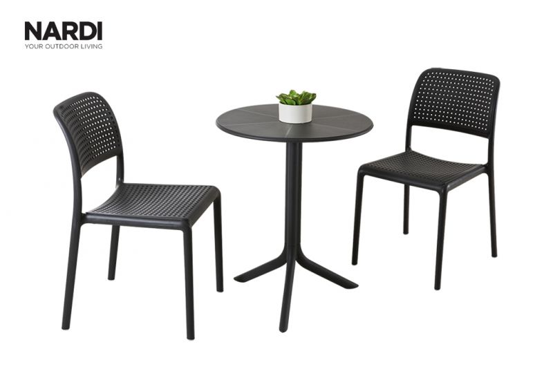 A black resin Nardi outdoor balcony set, perfect for alfresco furniture setups, displayed on a plain white background, viewed from a front angle.