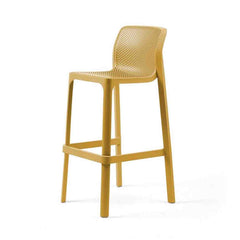 Yellow resin 'Nardi Net' outdoor bar stool displayed on a plain white background, viewed from a front angle.