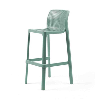 Green resin 'Nardi Net' outdoor bar stool displayed on a plain white background, viewed from a front angle.