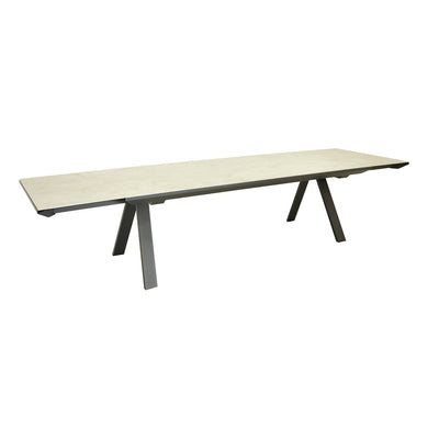 Brown, rectangular Neverland extendable ceramic outdoor table, perfect for alfresco furniture setups, displayed on a plain white background, viewed from a front angle.
