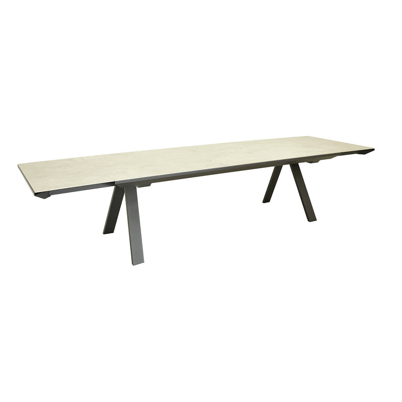Brown, rectangular Neverland extendable ceramic outdoor table, perfect for alfresco furniture setups, displayed on a plain white background, viewed from a front angle.