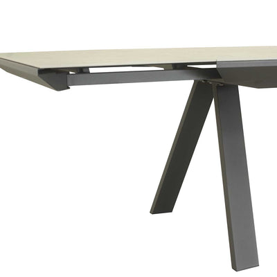 Close-up on the aluminium frame of a brown, rectangular Neverland extendable outdoor table, perfect for alfresco furniture setups, displayed on a plain white background.