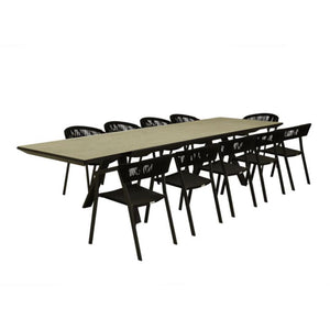 An outdoor dining set including our brown, rectangular Neverland extendable ceramic outdoor table & 10 black Auto rope outdoor chairs, perfect for alfresco furniture setups, displayed on a plain white background, viewed from a front angle.