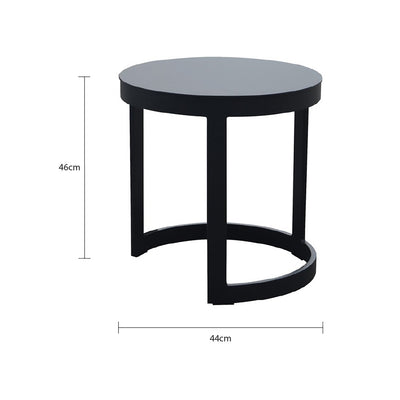 A small black round aluminium 'Neverland' outdoor side table is displayed on a plain white background, viewed from the front. Its measurements are shown at 44 cm wide, and 46 cm tall.