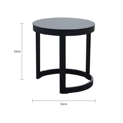 A small black round aluminium 'Neverland' outdoor side table is displayed on a plain white background, viewed from the front. Its measurements are shown at 52 cm wide, and 52 cm tall.