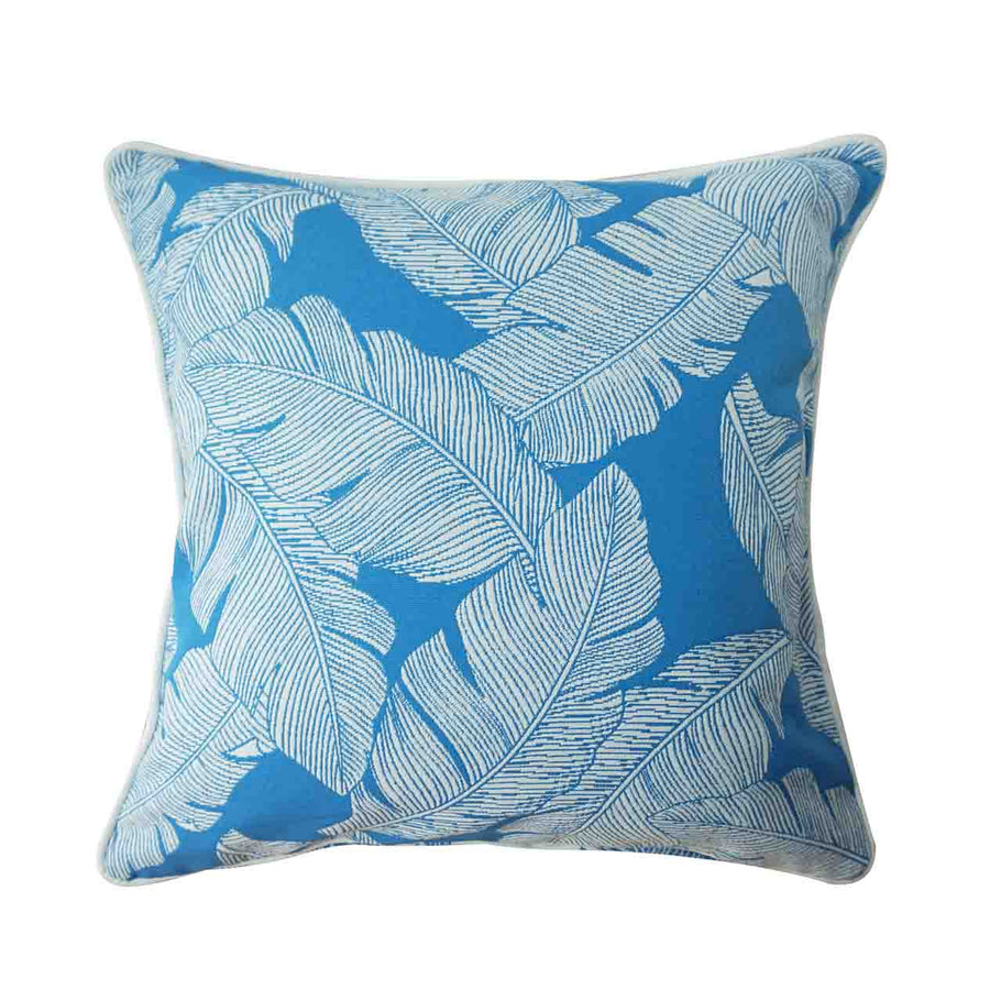 The blue & white 45 cm Nightingale outdoor cushion with the leaf pattern design is displayed on a plain white background, viewed from the front. This cushion is excellent if you&