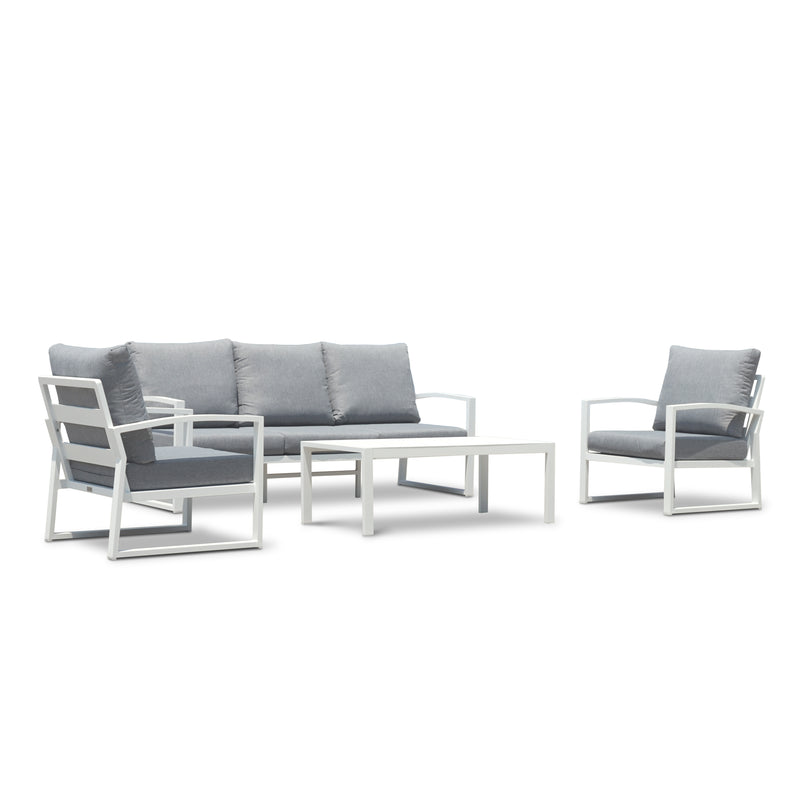 Nottingham outdoor furniture collection in charcoal or white, includes 4/5-seater sets with coffee table