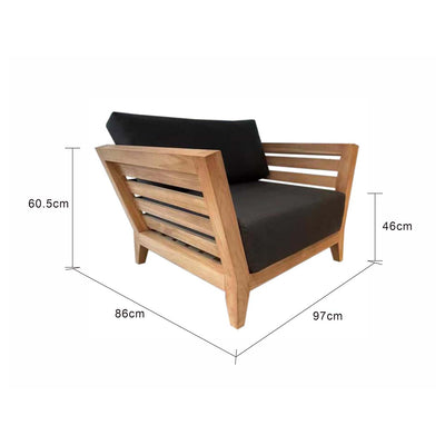 Outdoor balcony furniture set from The Ottawa family, featuring outdoor chairs, a 3-seater outdoor lounge, and a daybed, all made of durable teak wood with Sunproof® fabric, including a wooden chair with a black cushion on it.