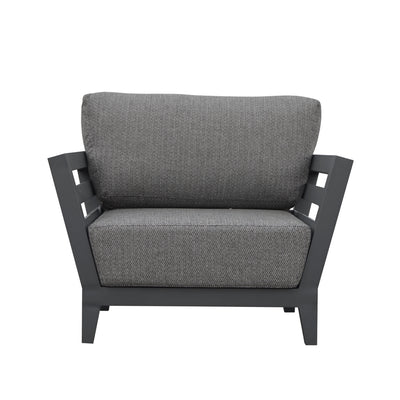 Aluminium outdoor furniture, Ottawa outdoor lounge chair in teak and aluminium, a versatile addition to any garden or patio setting. Current image: A gray chair with a black frame on a white background.