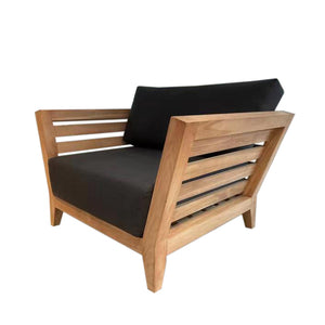 Outdoor balcony furniture set from The Ottawa family, featuring outdoor chairs, a 3-seater outdoor lounge, and a daybed, all made of durable teak wood with Sunproof® fabric, including a wooden chair with a black cushion on it.