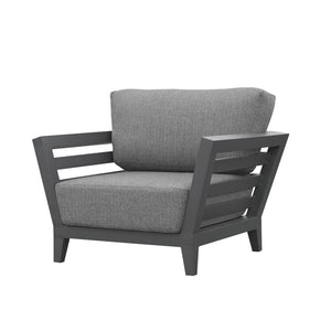 Aluminium outdoor furniture, Ottawa Lounge outdoor lounge chair in teak and aluminium, a gray chair with a gray cushion on it, perfect for garden or patio settings.