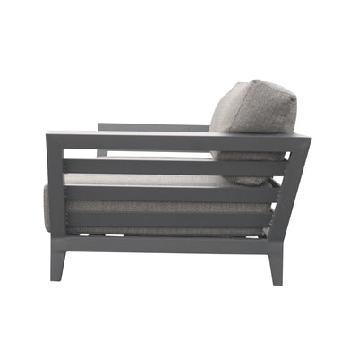 Aluminium outdoor furniture, Ottawa Lounge outdoor lounge chair in teak and aluminium, perfect for garden or patio settings. Current image: A gray chair with a pillow on top of it.