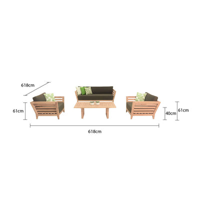 Outdoor balcony furniture set from The Ottawa family, including outdoor chairs, outdoor lounge, and daybed, made of teak wood and Sunproof fabric, depicted in a drawing of a living room with a couch and a coffee table.