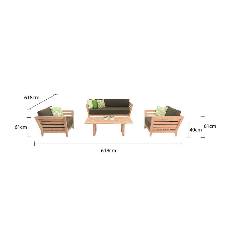 Outdoor balcony furniture set from The Ottawa family, including outdoor chairs, outdoor lounge, and daybed, made of teak wood and Sunproof fabric, depicted in a drawing of a living room with a couch and a coffee table.