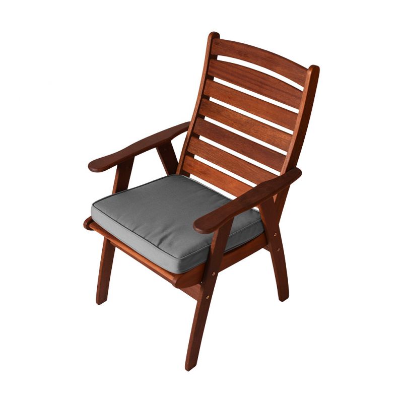 Outdoor wooden armchair featuring a large, dark-grey, seat cushion. The armchair is displayed on a plain white background, viewed from a front angle.