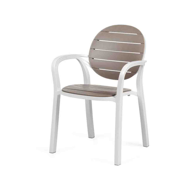 A brown & white resin Nardi Palma outdoor chair, perfect for alfresco furniture setups, displayed on a plain white background, viewed from a front angle.