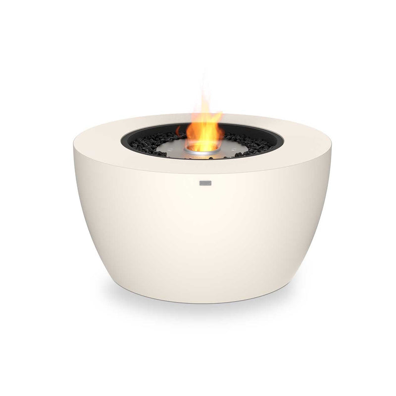 Cylindrical white EcoSmart Pod 40 firepit set against a plain white background, designed to enhance any outdoor furniture arrangement.