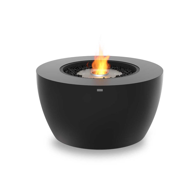 Cylindrical black EcoSmart Pod 40 firepit set against a plain white background, perfect for modern outdoor furniture setups.