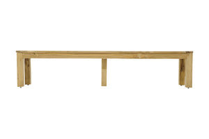 The light-brown 270 cm long wooden 'Polly' outdoor bench (made from recycled teak), one of Remarkable Outdoor Living's best pieces of outdoor furniture, is displayed on a plain white background, viewed from the front.