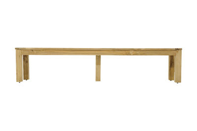 The light-brown 270 cm long wooden 'Polly' outdoor bench (made from recycled teak), one of Remarkable Outdoor Living's best pieces of outdoor furniture, is displayed on a plain white background, viewed from the front.