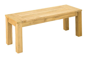 The Polly light-brown 110 cm teak outdoor bench, one of Remarkable Outdoor Living's best pieces of outdoor furniture, is displayed on a plain white background and viewed from a front angle.