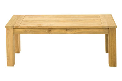 The Polly light-brown 110 cm teak outdoor bench, one of Remarkable Outdoor Living's best pieces of outdoor furniture, is displayed on a plain white background and viewed from the front.