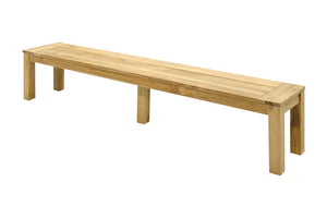 The light-brown 270 cm long wooden 'Polly' outdoor bench (made from recycled teak), one of Remarkable Outdoor Living's best pieces of outdoor furniture, is displayed on a plain white background, viewed from a front angle.