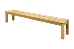 The light-brown 220 cm long wooden 'Polly' outdoor bench (made from recycled teak), one of Remarkable Outdoor Living's best pieces of outdoor furniture, is displayed on a plain white background, viewed from a front angle.
