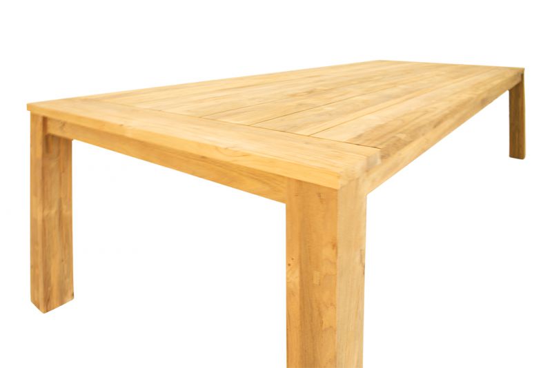 Brown, rectangular Polly wooden outdoor table, perfect for alfresco furniture setups, displayed on a plain white background, viewed from an angle.