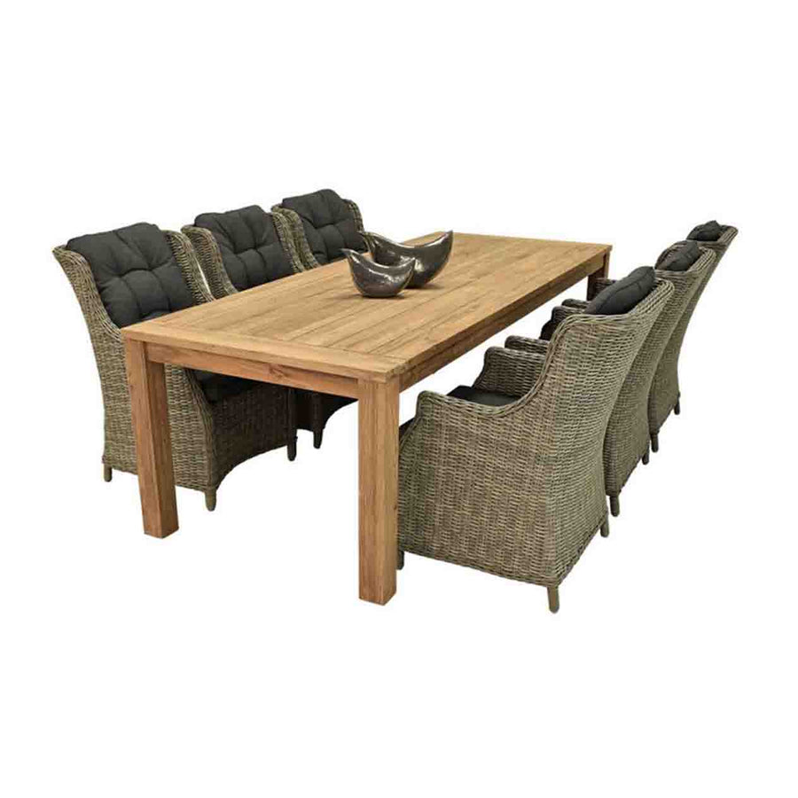 An outdoor dining set including our brown, rectangular Polly wooden outdoor table & 6 brown Darwin wicker outdoor chairs, perfect for alfresco furniture setups, displayed on a plain white background, viewed from a front angle.