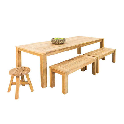 Brown, rectangular Polly wooden outdoor table, with matching benches & stool, perfect for alfresco furniture setups, displayed on a plain white background, viewed from a front angle.