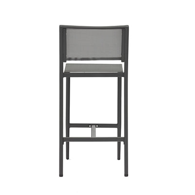Grey aluminium 'Largo' outdoor bar stool, displayed on a plain white background, viewed from the back.