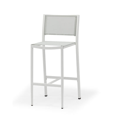 White aluminium 'Largo' outdoor bar stool, displayed on a plain white background, viewed from a front angle.