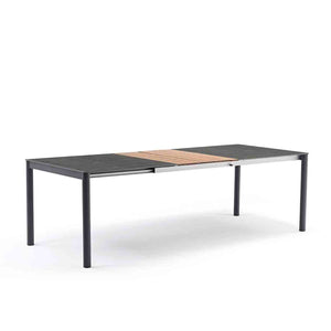 Dark-grey modern aluminium & ceramic 'Largo' extendable outdoor table, great for alfresco furniture setups, displayed on a plain white background, viewed from a front angle.