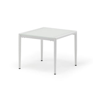 One of our 50 cm white aluminium & ceramic 'Largo' outdoor side tables, displayed on a plain white background, viewed from a front angle.