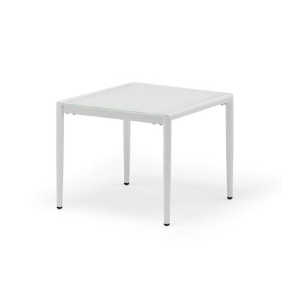 One of our 50 cm white aluminium & ceramic 'Largo' outdoor side tables, displayed on a plain white background, viewed from a front angle.