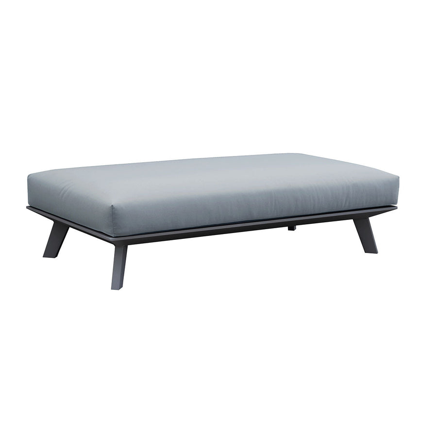 Aluminium Ottoman from Positano outdoor furniture range with charcoal frame and grey fabric cushions, convertible to a side table, on a white background.