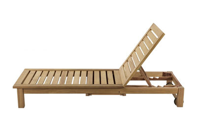 An armless wooden outdoor sun lounger, just one example of our premium teak wood furniture, displayed on a plain white background, viewed from the side.