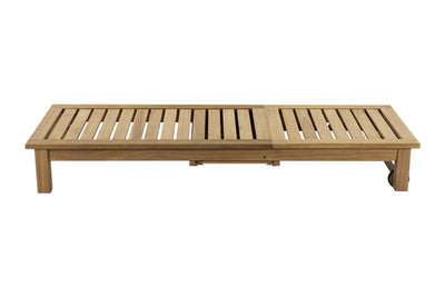 A wooden outdoor sun lounger displayed on a plain white background, viewed from the side. The lounger is fully extended with the headrest down, creating a nice seating area.