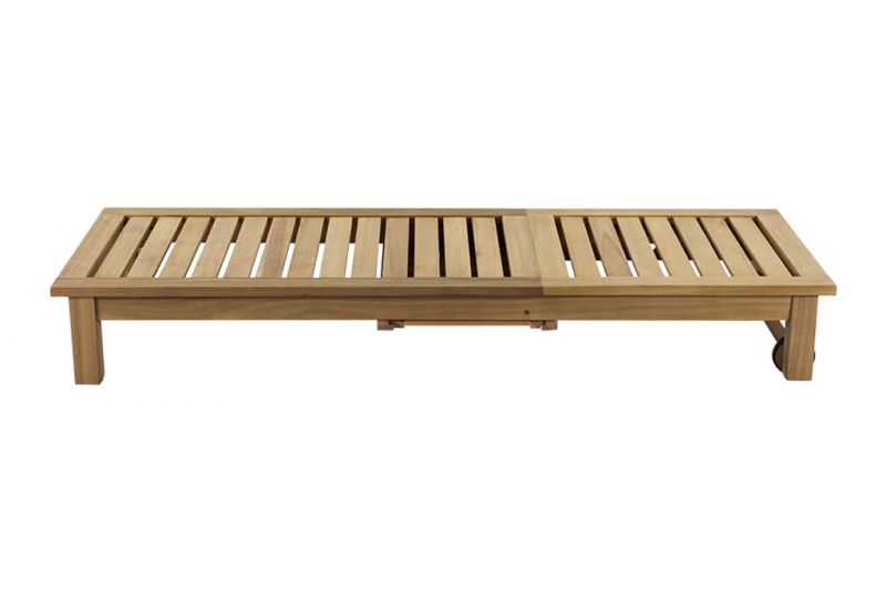 A wooden outdoor sun lounger displayed on a plain white background, viewed from the side. The lounger is fully extended with the headrest down, creating a nice seating area.