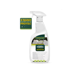 Spray bottle of Golden Care Outdoor Fabric Protector set against plain white background.