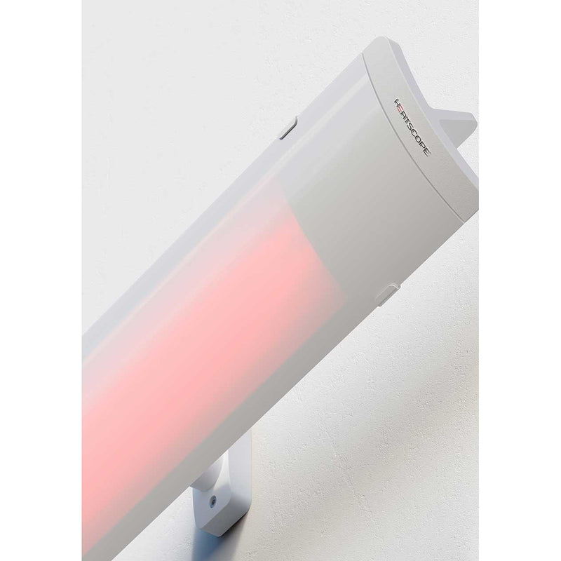 Side view of a white Heatscope Outdoor Pure+ heater mounted on a white wall, designed to seamlessly fit into outdoor living spaces.